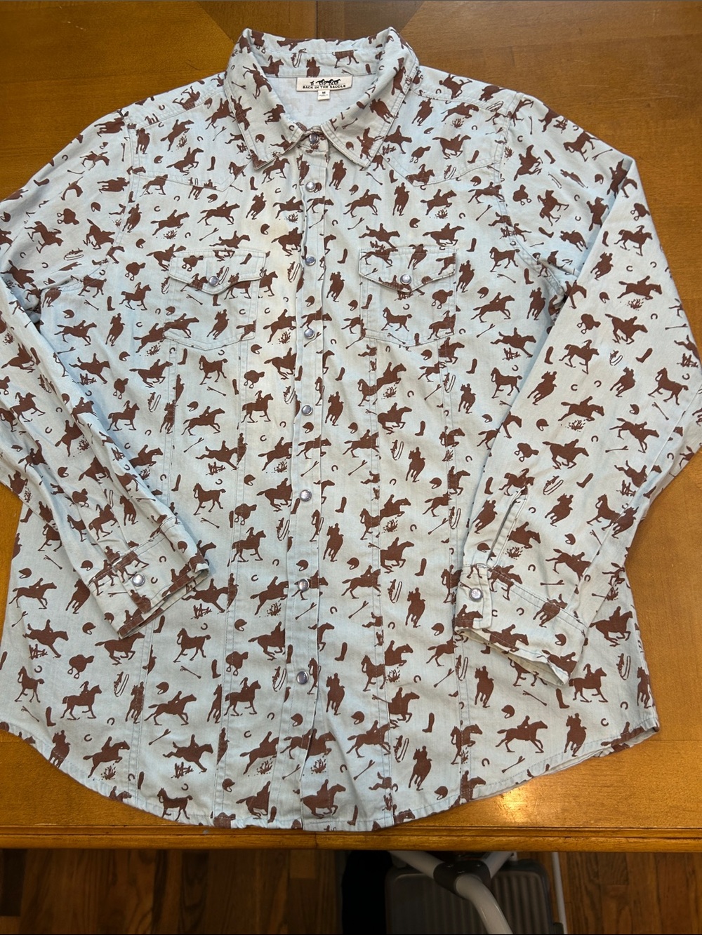 Womens Casual Horse-Print Button-Up Shirt - Light Blue/Brown